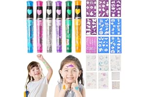 REALJOY Zestaw pisaków do tatuażu dla dzieci, 6 kolorów, 9 szablonów, 2 naklejki z kamieniami szlachetnymi, 5 świecących tatuaży, przyjazne dla skóry, dla chłopców i dziewczynek