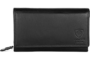 J. Wilson London Ladies RFID Safe Designer Soft Leather Purse Card Women Clutch Wallet with Zip Pocket Gift Boxed (Jet Black)