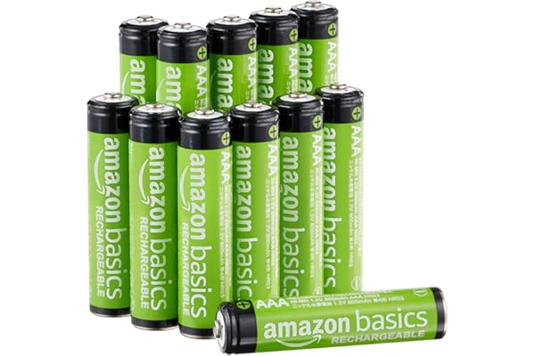 Amazon Basics paquete de 12 pilas AAA NiMH recargables, 800 mAh, 1,2 V, se recargan hasta 1000 veces, precargadas