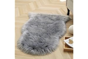 HEQUN Alfombra de Piel de Oveja sintética, Artificial Alfombra,Funda de Silla de Forro Polar Suave y mullida para recámara, sofá, Suelo (60×90 CM, Gris)