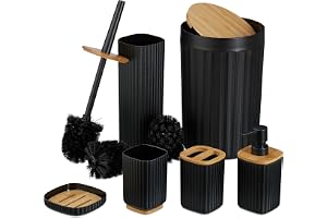 Relaxdays badrumsset, 6 delar, svart/natur | badrumstillbehör i plast och bambu, komplett set med badtillbehör