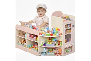 AIYAPLAY Kids Grocery Store, Pretend Play Shop with Cash Register, Vending Machine, Display Shelves and Play Food Accessories, Children Supermarket Playset for Ages 3+, Pink