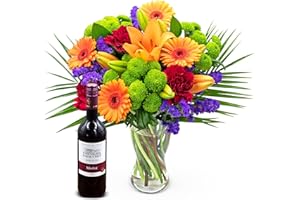 PRESTIGEFLOWERS Joyeux - Fleurs fraîches - Livraison le lendemain - Bouquet d'anniversaire - Cadeau d'occasion - Arrangement floral - Livré à votre porte - Fleurs naturelles (+ Vin Rouge)