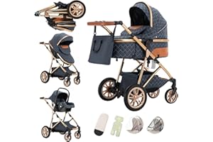 Lnhcrbs Poussette 3 en 1, le Sac de Couchage Pour Poussette Compacte Peut Être Plié, Poussette Bebe Réversible Dans Les Deux Sens, Poignée Réglable,Avec Moustiquaire, Housse de Pluie,0-3 ans