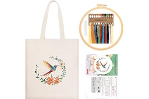JSRQT Colibri Kit de Broderie pour Sac Toile, Kit de Démarrage Broderie pour Débutants Adultes, Point de Croix Estampé Faite Main avec Outils, Instructions, Aiguille et Fil, Beige
