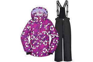 SMONTY Combinaison de neige pour filles Ensemble veste et pantalon de ski d'hiver bretelles à capuche Coupe-vent Imperméable Chaud(Coloré rose, 10-12)