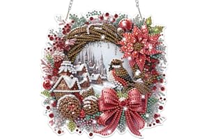 Lxmsja Weihnachten Diamond Painting Anhänger, 5D Winterszene Diamond Painting Fensterbilder Kranz für Erwachsene, Weihnachtsgeschenke Bastelset Kreativ Set Ornament Tür Fenster Wand Decor