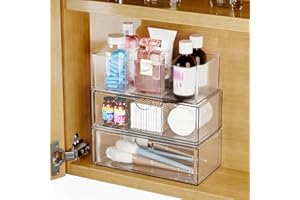 EAROND 3.94'' Wide 8.27'' Length 3 Tier Medicine Cabinet Organizer Storage,Stackable Bathroom Medicine Organizer with Removable Dividers, Plastic Vanity Storage,Clear