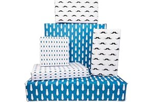 DELECO Father's Day Recycled and Recyclable Wrapping Paper - 100% Recycled Blue Wrapping Paper for Men | 6 x Premium Gift Wrap Sheets - 3 Different Designs, Moustaches | Ties | Blue Geometric. 70cmx50cm each