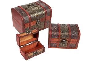 JUVALE Małe drewniane skrzynie na skarby, 3-częściowy zestaw dekoracyjnych pudełek do przechowywania z ręcznie rzeźbionymi motywami kwiatowymi, styl antyczny