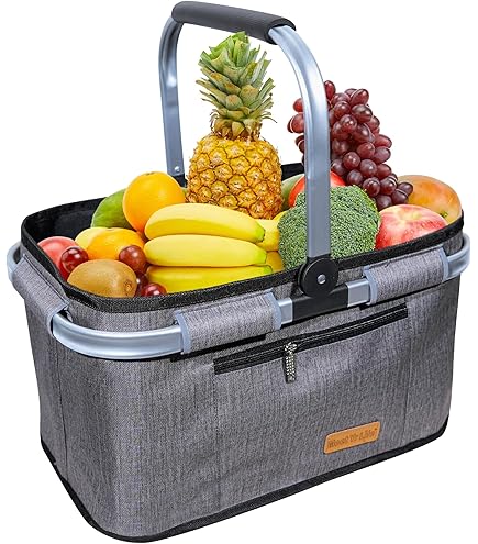 Yeabett Opvouwbare boodschappenmand met 4 steunstangen, stevige draagmand en picknickmand, grote vouwmand voor het gezin, 43 x 27 x 23 cm, met gevoerde handgrepen, voor winkelen, reizen, camping