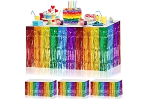 DTOFOOT 4 Pack Rainbow Party Accessories, Pride Rainbow Table Skirts Metallic Foil Fringe Table Rainbow Skirts for LGBTQ Gay Pride Birthday Party Supplies Wedding Eurovision Deko