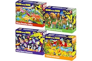 QUOKKA Puzzle 100 Pezzi Bambini 5 6 Anni – Set di 4 Puzzle Fluorescenti Bambini 6 7 Anni – Giocattoli Colorati con Spazio Dinosauri e Animali – Gioco Educativo Regalo per Bambino dai 4 ai 9