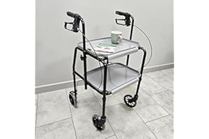 ELITE CARE Indoor Mobility Trolley rollator Walking Frame with Trays and Brakes 4 Wheel Walker (Black/Grey)