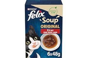 Felix Katzennassfutter Soup Geschmacksvielfalt vom Land mit Rind, Huhn, Lamm, 8er Pack (6 x 48 g) Portionsbeutel