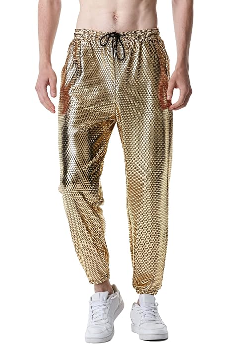 MUOYITEW Pantalon Brillant Métallisé Homme - Tenue Disco Rave Années 70 80 Paillettes Festival