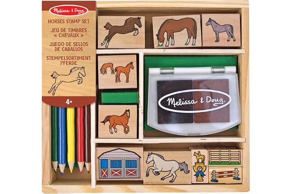 Melissa & Doug - 9 Tampons Chevaux Avec Encre + 5 Crayons - Jouet En Bois - Activité Manuelle Enfant - Loisir Créatif - Jouet D'Activité, De Développement Et D'Apprentissage - Cadeau Enfant 3 Ans Et +