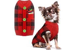 HRTTSY Dog Christmas Jumper Outfits V-Neck Red Plaid Snowman Puppy Dog Sweater Clothes for Small Medium Dogs Cats Warm Winter Knitwear Pet Pullover Vest, Medium (Decorative Buttons. Can't Untie)