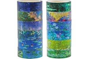 Berkin Arts 12 Rollos Arte Flores Cinta Washi Decorativa Adhesiva Vintage Masking Tape Set, 15mm x 5 m, para Manualidades de DIY Pegatinas, Scrapbooking, Artesanales Claude Monet Impresión