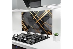 ARTHUB® Crédence de Cuisine en Verre 60x80 cm, Grey Painting with Gold Lines | Protection Contre Les éclaboussures, Revêtement Mural en Carreaux, Plaque en Verre, Verre trempé, Abstrait