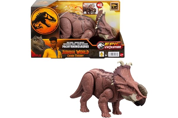 Mattel Jurassic World: La théorie du chaos Netflix - Pachyrhinosaurus Rugissement Féroce Figurine de dinosaure avec son et coup de tête en continu, jouet articulé et jeu numérique, HTK72