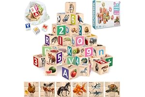 QUOKKA Wooden Blocks for Toddlers 1-3 - Realistic ABC Learning Baby Blocks for Kids 3-5 Year Olds - Stacking Alphabet Wood Toys for 2-4 yo - Learn Letters Numbers