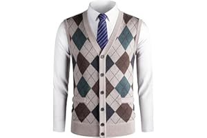 Herothorn Gilet Maglia da Uomo con Diamante Spesso Argyle Maglieria Senza Maniche Maglione Cardigan Scollo a V Smanicato Pullover Panciotto Canotte con Bottone