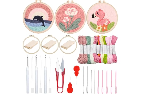 Woohome Kit de Démarrage Punch Needle, Punch Needle Broderie Kit Inclus Cerceau en Plastique, Tissu D'aiguille de Poinçonnage, Fil Coloré pour Adultes (Balènes, Fleurs, Oiseau)