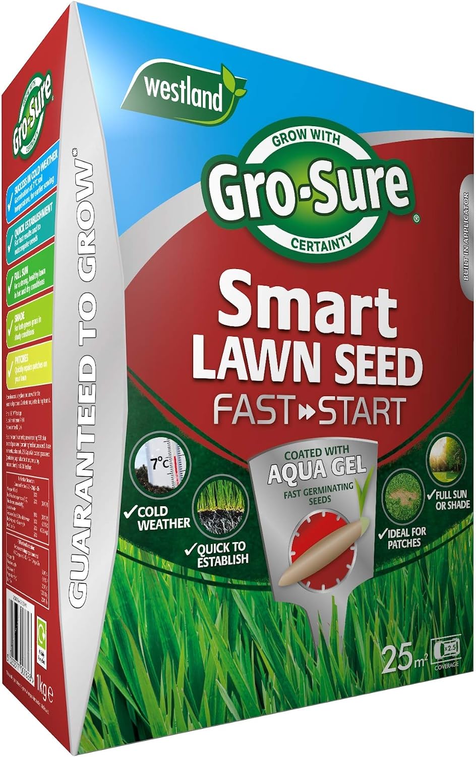 Gro-Sure 20500254 Aqua Gel Coated Fast Start Smart Grass Lawn Seed, 25 m2, 1 kg - Blue