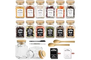 LXUDN 12Pcs Pot a Epices,Bocaux Epices De Forme Carrée,Boite Epices Cuisine Avec Couvercle en Bois,150ml Bocaux a Epices,Pot Epices Verre Pour le Stockage Epices Cuisin,Bocaux Epices Avec Etiquettes