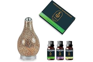 AROMA HAVEN Therapeutic Essential Oil Diffuser Cool Mist Humidifier LED 120ml Mosaic Glass Ultrasonic Scented Oil Mist Diffuser for Aromatherapy in Spa, Office, Water-less Auto Shutoff (Edge Rose Gold + Oils)