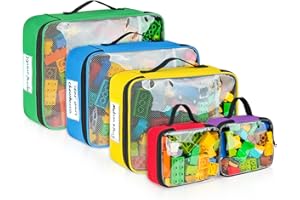 JAMIUKRO 5er PVC Spielzeug Aufbewahrungstaschen kompatibel mit Legosteinen, Reisespielzeug-Organizer für Kinderbausteine, Spielzeugautos, Puzzles mit Netztasche und Etikettentasche