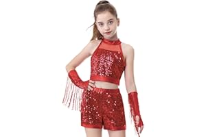 LOLANTA Costume de Danse Filles à Paillettes, Tenue Hip Hop Jazz Brillante, Vêtements de Danse Streetwear Enfant avec Top Court Sans Manches et Short