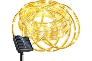 SINGCHUNGTE 12M Solar Lichtschlauch, 100 LED Außen Lichterkette Schlauch Glasklar, LED Lichterketten Außen Warmweiß für Hochzeit, Party und Weihnachten, Die Terasse