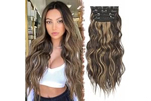 FESHFEN Extension Capelli a Clip 4PCS Lunga Clip in Hair Extension Capelli Estensioni Ricci Ondulati Sintetici Posticci Capelli Extension con Clip, Castano cioccolato con riflessi biondo caramello