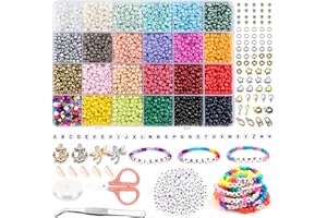 NOA HOME DECO 4000+ perles pour bracelet, 4mm perles de rocaille couleurs kit, 300 perles Lettres avec cordon élastique et ciseaux pour Adulte Enfant Noël anniversaire création de bijoux bracelets collier