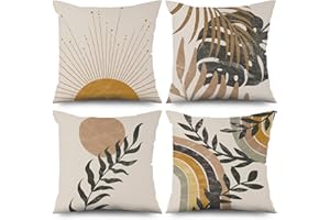 ASDCXZ Boho Kissenbezug 40x40 cm 4er Set, Modern Abstrakt Kunst Blätter Sonne Beige Sofa Kissen Bezug Dekokissen Kissenbezüge Kissenhülle Waschbar Polyester Flachs Textil Outdoor Kopfkissenbezug