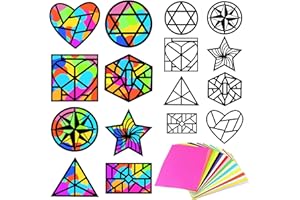 PLIGREAT 16 Pcs Geometric Shapes Templates Stained Glass Effect Paper Sets, DIY Suncatchers Crafts Kit for Daycare Nursery Shcool Project Artwork Class Supplies Children's Party Favors Window Decor