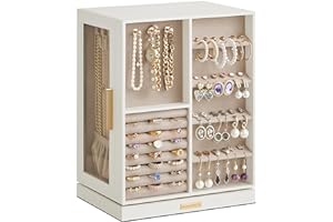 SONGMICS Boîte à Bijoux Rotative à 360°, Coffret à Bijoux avec 5 Tiroirs, Fenêtres en Verre Latérales, Grand, Rangement pour Accessoires, Design Ouvert, Blanc Nuage JBC170W01