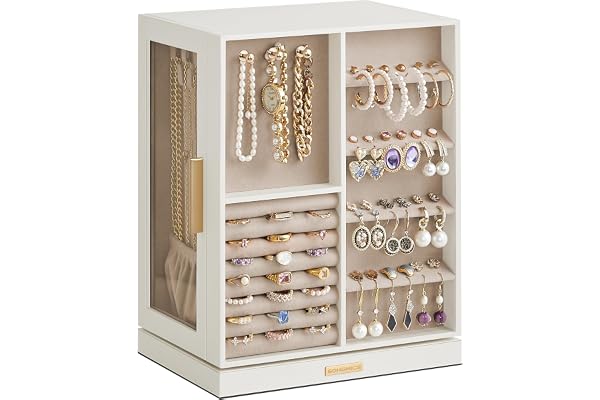 SONGMICS Boîte à Bijoux Rotative à 360°, Coffret à Bijoux avec 5 Tiroirs, Fenêtres en Verre Latérales, Grand, Rangement pour Accessoires, Design Ouvert, Blanc Nuage JBC170W01