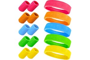 BAIYUANLI 15 Stück 80er 90er Jahre Schweißband Neon Stirnband und Armband, 5 Hell Farben Sport Schweißband, Absorbierendes Frottee Schweißband für Retro 80er 90er Party Karneval Laufen Joggen Tennis