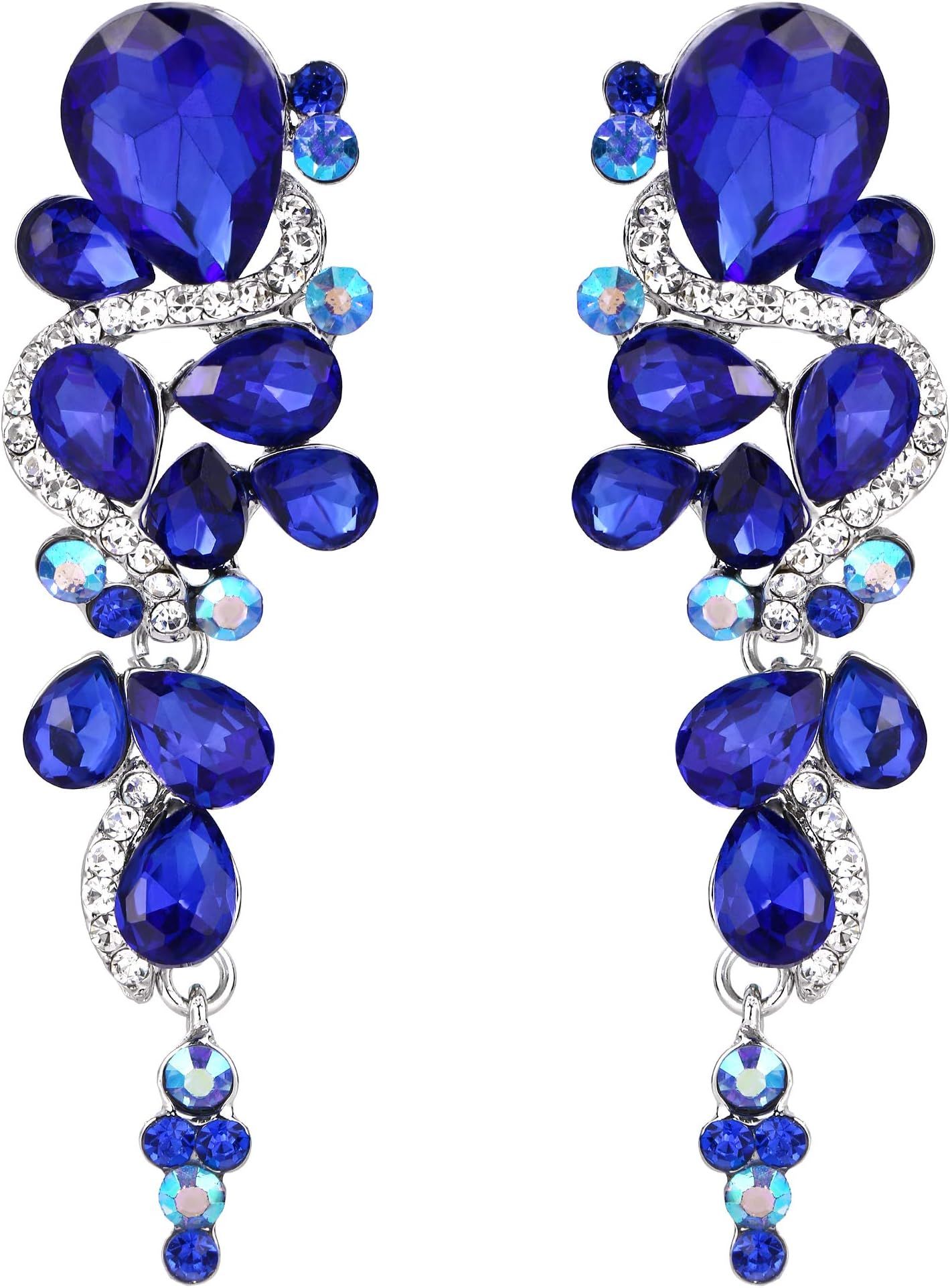 ClearineBohemian Teardrop Cluster Crystal Diamante Clip-On Long Drop Dangle Chandelier Earrings, Statement Earrings for Costume, Wedding Bridal Jewellery for Brides