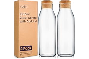 VOLILA Lot de 2 carafes à eau de 1 l avec couvercle pour boissons froides, lait et jus de fruits – Bouteilles en verre polyvalentes pour le stockage du détergent