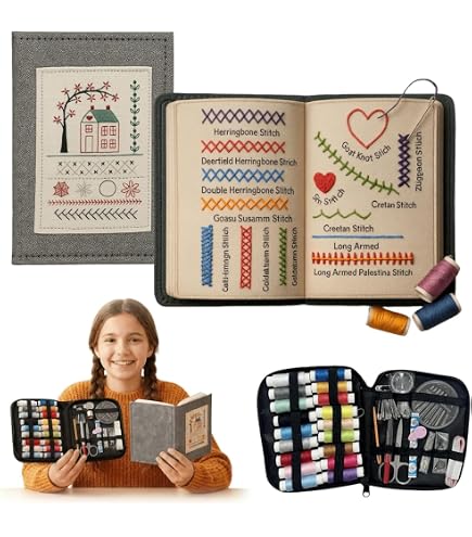 Kit Libro Di Ricamo Con Strumenti, Tessuto Lino, Ago, Filo E Forbici, Guida Passo Passo Per Principianti E Appassionati, Progetti Fai-da-Te
