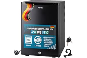 WONEA 28 Liter Mini Kühlschrank, lautlos, Minikühlschrank mit Schloss, Minibar abschließbar geräuschlos, Türanschlag wechselbar, ca. 4°-14°C Höhe 48cm, Innenraumbeleuchtung, Weinkühlschrank,