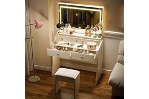 COMHOMA Schminktisch mit Beleuchtung, Schminktisch mit Spiegel und Verdeckter LED Lichtleiste, mit Stuhl und 5 Schubladen, Steckdosenleiste, DREI Farbtemperaturen und Helligkeit Einstellbar, Weiß