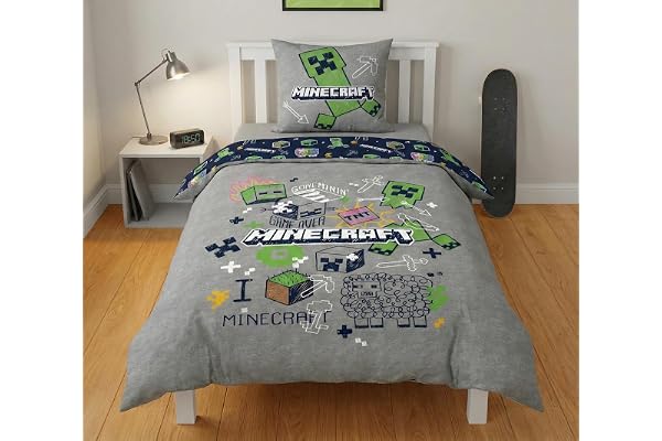 Minecraft Creeper TNT Får Enkelsäng Påslakan 140x200 + Örngott 63x63 Pojkar | Vändbart enkelsängset | Grå pixelikoner