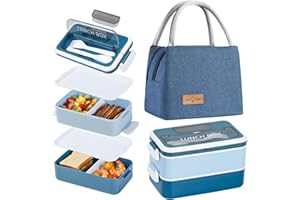 Aiuuee Porta Pranzo Kit, 1600 ml 2 Strati Lunch Box Ermetica con Borsa Termica e Posate, Portapranzo per Microonde e Lavastoviglie,Schiscetta Pranzo, Bento Box per Adulti Lavoro Picnic Ufficio (Blu)
