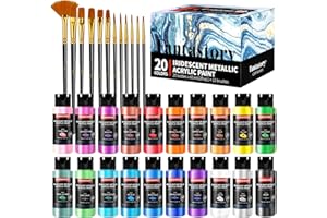 fantastory Metallic Iridescent Acrylic Paint Set with 12 Brushes, 20 x 2oz Metallic Colors, Color-Shifting, Craft Paint Kit, Metal/Canvas/Rock/Stone/Ceramic/Model/Wood Painting [Professional Series]