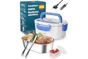 TRAVELISIMO Fiambrera Electrica Comida Trabajo 80W Taper Electrico para Comida 1,5L Fiambrera Termica Comida Caliente 3 en 1 